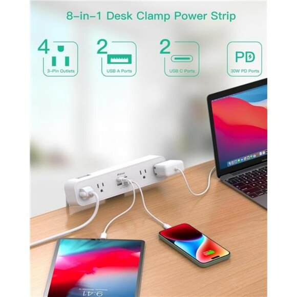 Desk clamp power strip surge protector with USB C fast charging station 5ft cord - Picture 3 of 8